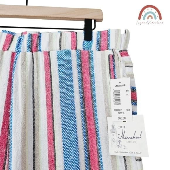 New! Caffe Marrakesh Linen Stripes Pull On Straight Leg Cropped Casual Pants - Picture 8 of 13
